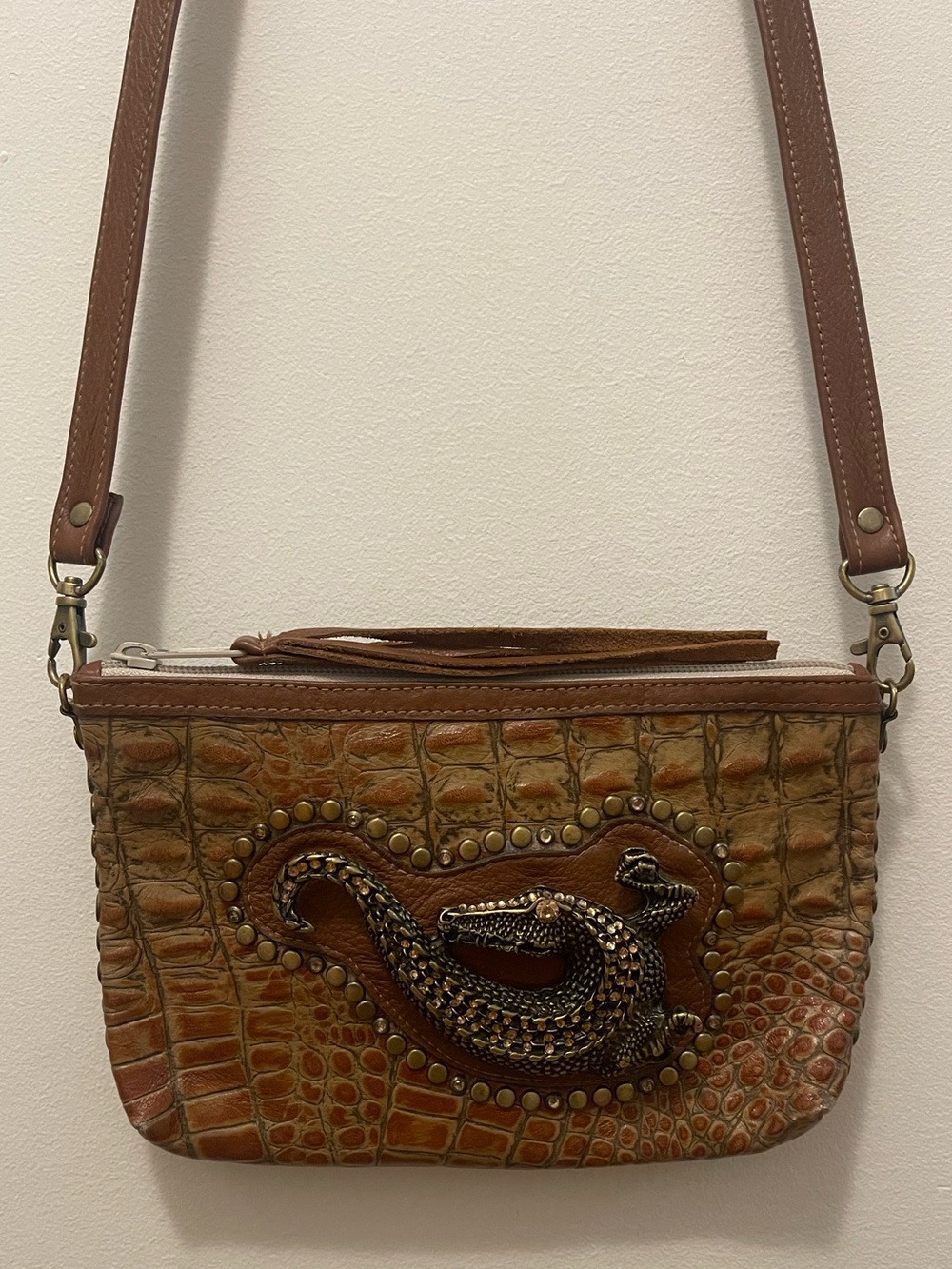 Leatherock Genuine Leather Croc-Embossed Crossbody with Alligator Ornament